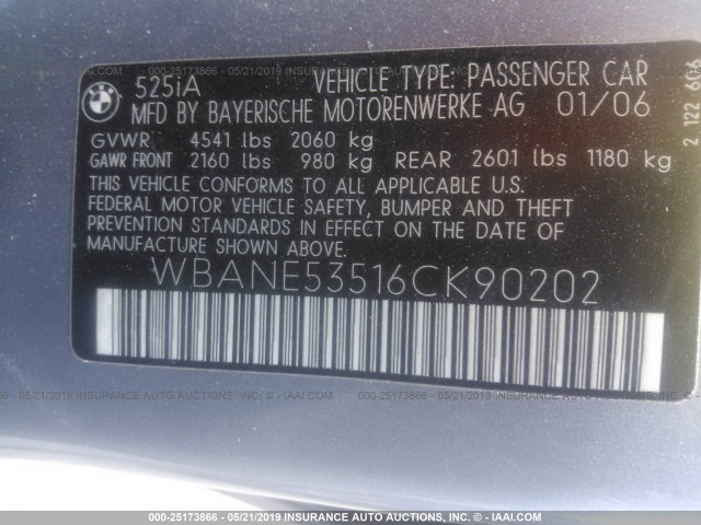 WBANE53516CK90202 - 2006 BMW 525 I GRAY photo 9