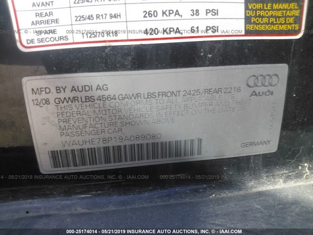 WAUHE78P19A089080 - 2009 AUDI A3 2.0T BLACK photo 9