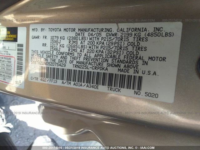 5TETX22N05Z075429 - 2005 TOYOTA TACOMA ACCESS CAB ოქროსფერი ფოტო 9