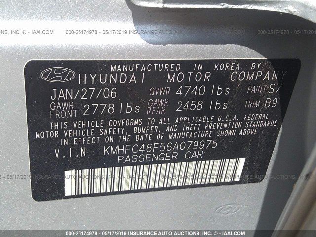 KMHFC46F56A079975 - 2006 HYUNDAI AZERA SE/LIMITED SILVER photo 9