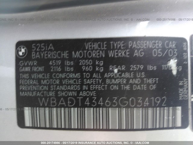 WBADT43463G034192 - 2003 BMW 525 I AUTOMATIC SILVER photo 9