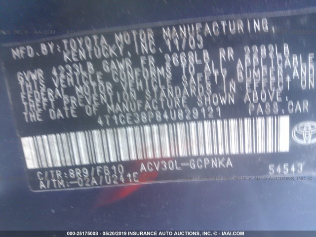 4T1CE38P84U829121 - 2004 TOYOTA CAMRY SOLARA SE/SLE ლურჯი ფოტო 9