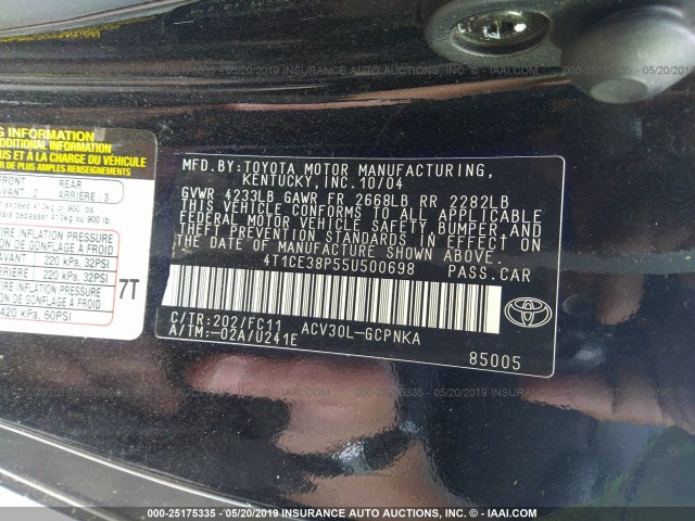 4T1CE38P55U500698 - 2005 TOYOTA CAMRY SOLARA SE/SLE BLACK photo 9