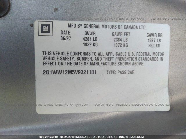 2G1WW12M5V9321181 - 1997 CHEVROLET MONTE CARLO LS ვერცხლისფერი ფოტო 9