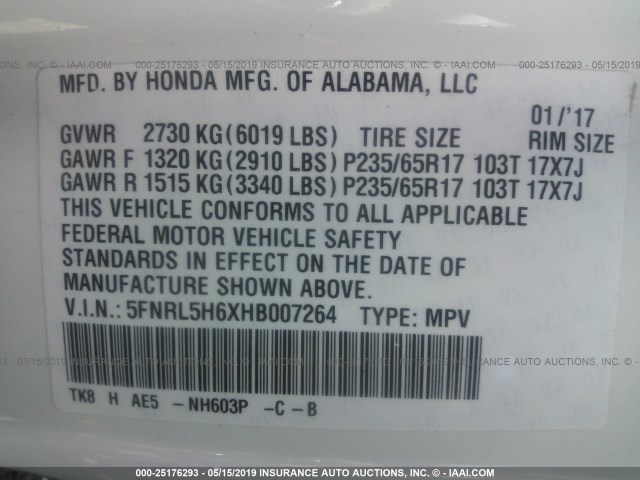 5FNRL5H6XHB007264 - 2017 HONDA ODYSSEY WHITE photo 9