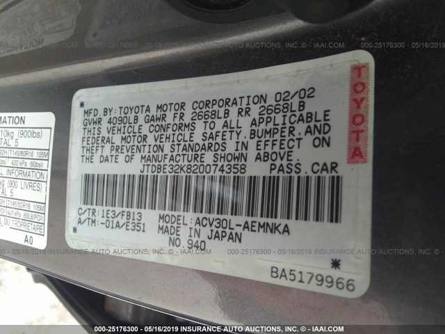 JTDBE32K820074358 - 2002 TOYOTA CAMRY LE/XLE/SE GRAY photo 9