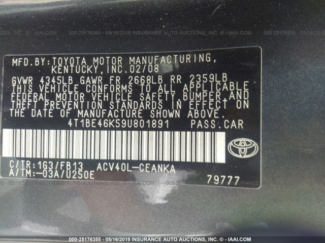 4T1BE46K59U801891 - 2009 TOYOTA CAMRY SE/LE/XLE 灰色 照片 9