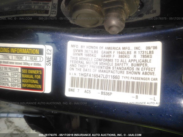 1HGFA16547L011660 - 2007 HONDA CIVIC BLUE photo 9