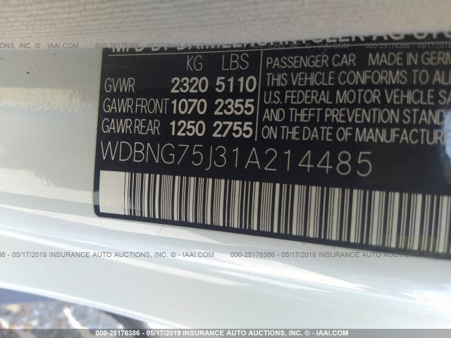 WDBNG75J31A214485 - 2001 MERCEDES-BENZ S 500 WHITE photo 9