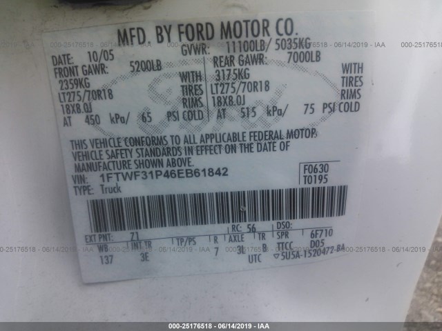 1FTWF31P46EB61842 - 2006 FORD F350 WHITE photo 10