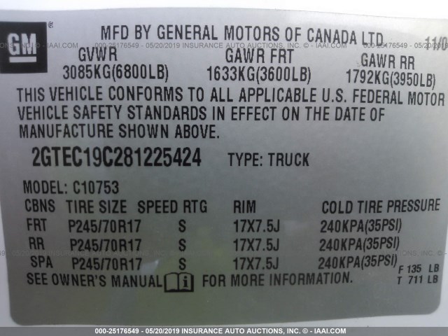 2GTEC19C281225424 - 2008 GMC SIERRA C1500 WHITE photo 9