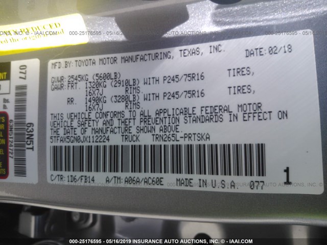 5TFAX5GN0JX112224 - 2018 TOYOTA TACOMA GRAY photo 9