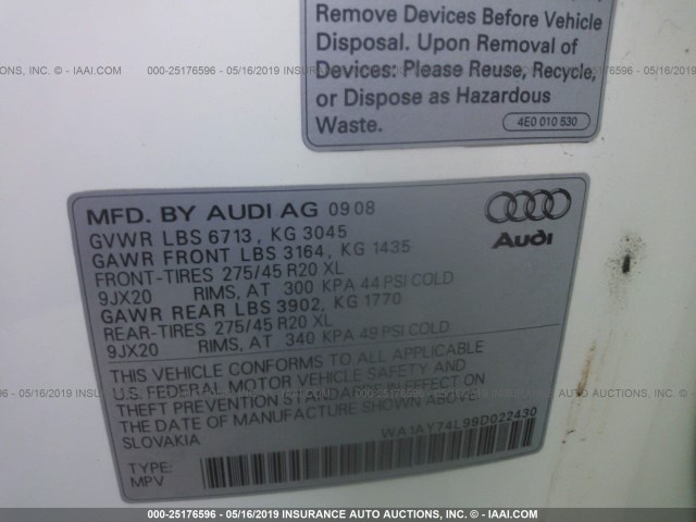 WA1AY74L99D022430 - 2009 AUDI Q7 WHITE photo 9