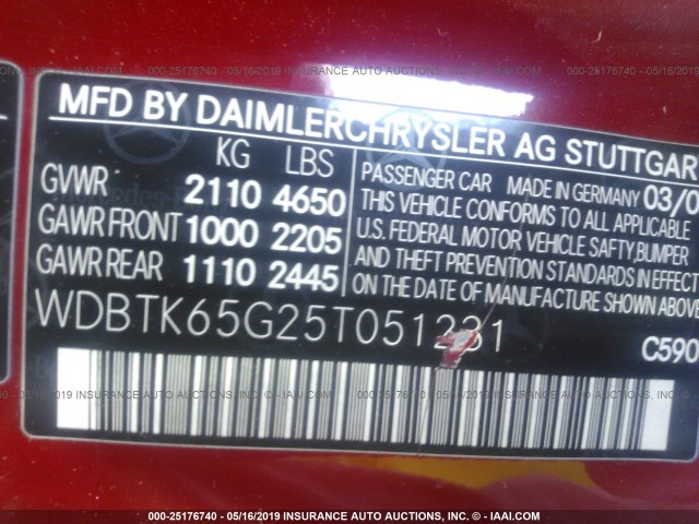 WDBTK65G25T051231 - 2005 MERCEDES-BENZ CLK 320 RED photo 9