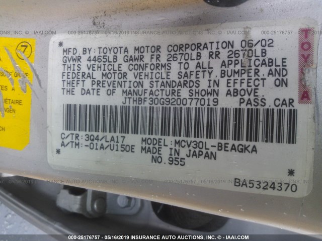 JTHBF30G920077019 - 2002 LEXUS ES 300 SILVER photo 9