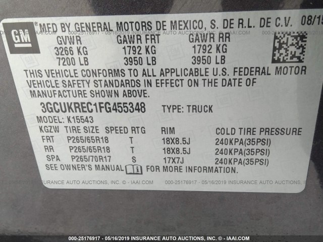 3GCUKREC1FG455348 - 2015 CHEVROLET SILVERADO GRAY photo 9