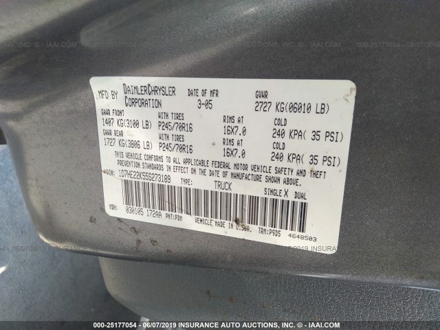 1D7HE22K55S273189 - 2005 DODGE DAKOTA GRAY photo 9