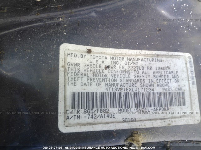 4T1SV21EXLU171234 - 1990 TOYOTA CAMRY DLX ლურჯი ფოტო 9