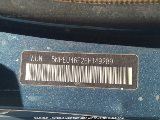 5NPEU46F26H149289 - 2006 HYUNDAI SONATA GLS/LX TURQUOISE photo 9