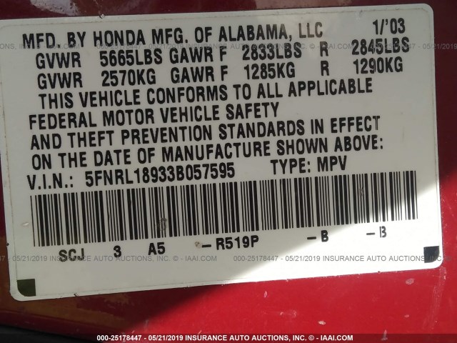 5FNRL18933B057595 - 2003 HONDA ODYSSEY EXL RED photo 9