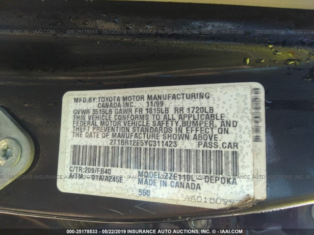 2T1BR12E5YC311423 - 2000 TOYOTA COROLLA VE/CE/LE BLACK photo 9