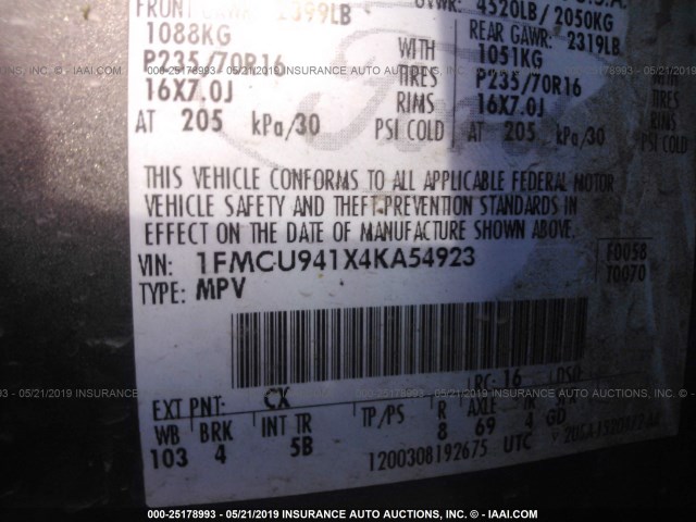 1FMCU941X4KA54923 - 2004 FORD ESCAPE LIMITED GRAY photo 9