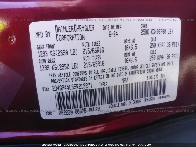 2D4GP44L95R219271 - 2005 DODGE GRAND CARAVAN SXT MAROON photo 9