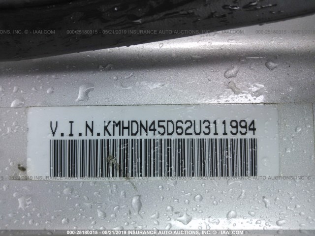 KMHDN45D62U311994 - 2002 HYUNDAI ELANTRA GLS/GT SILVER photo 9