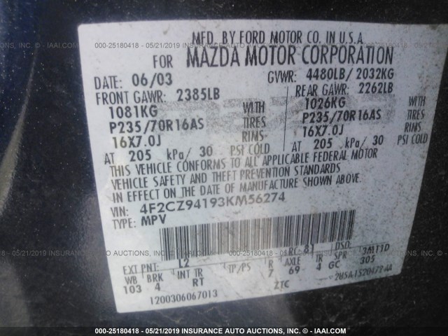 4F2CZ94193KM56274 - 2003 MAZDA TRIBUTE LX BLUE photo 9