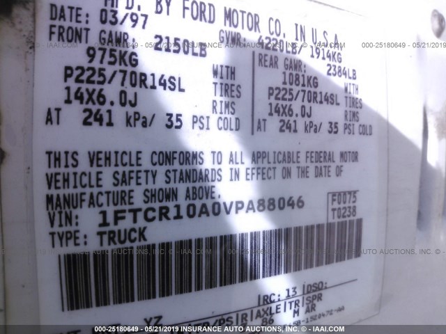 1FTCR10A0VPA88046 - 1997 FORD RANGER WHITE photo 9