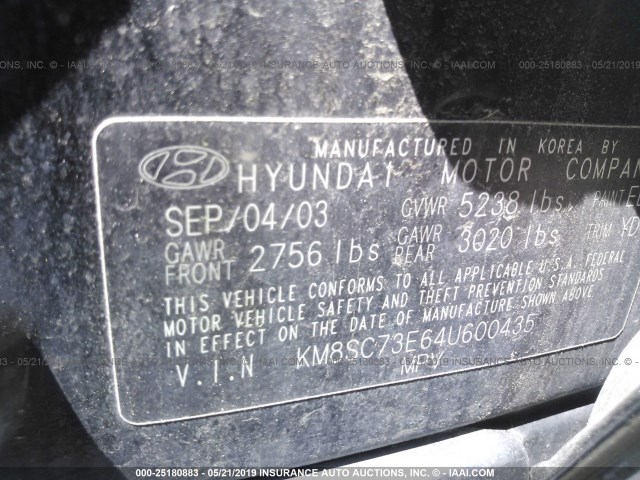 KM8SC73E64U600435 - 2004 HYUNDAI SANTA FE GLS/LX BLACK photo 9