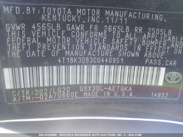 4T1BK3DB3CU440951 - 2012 TOYOTA AVALON LIMITED BLACK photo 9