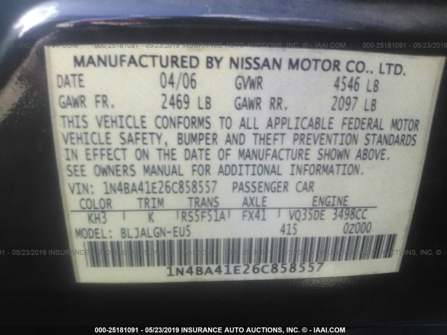 1N4BA41E26C858557 - 2006 NISSAN MAXIMA SE/SL BLACK photo 9