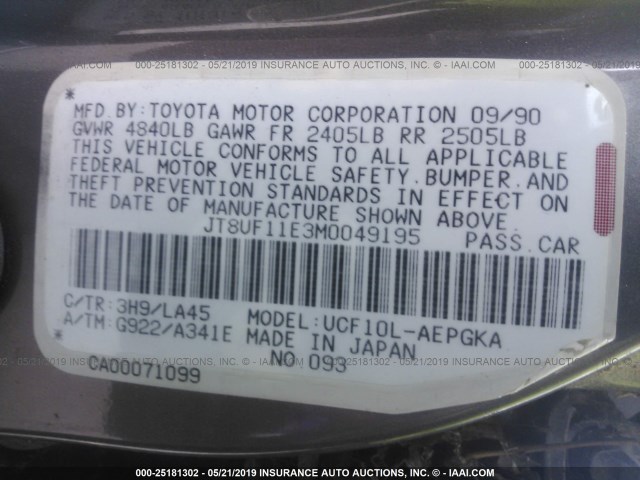 JT8UF11E3M0049195 - 1991 LEXUS LS 400 BROWN photo 9