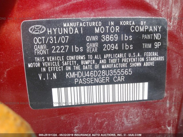 KMHDU46D28U355565 - 2008 HYUNDAI ELANTRA GLS/SE/LIMITED RED photo 9