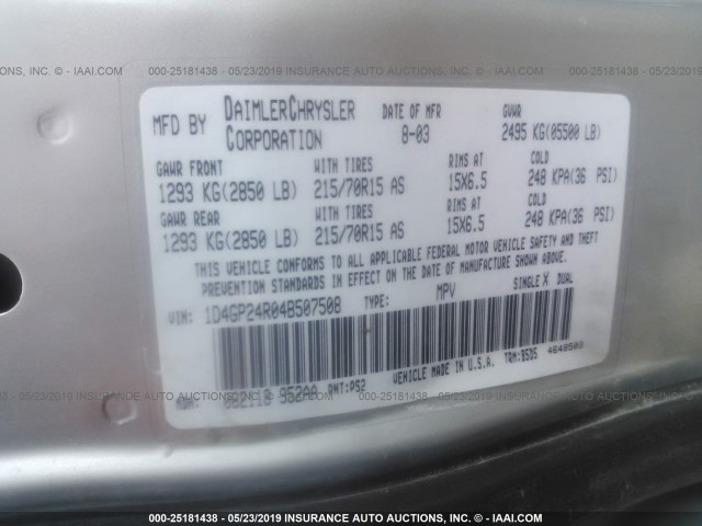 1D4GP24R04B507508 - 2004 DODGE GRAND CARAVAN SE SILVER photo 9