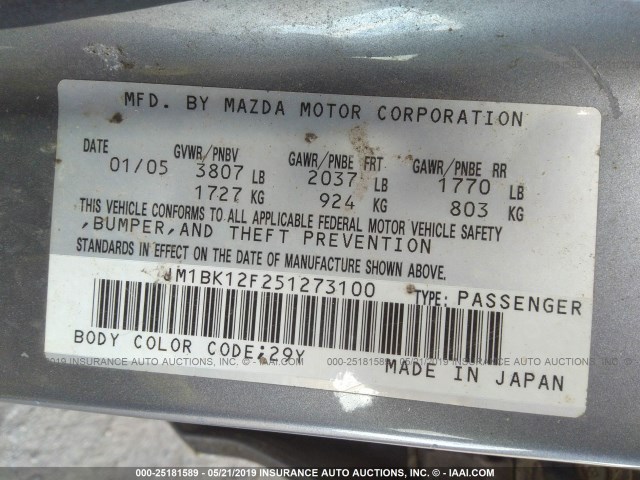 JM1BK12F251273100 - 2005 MAZDA 3 I GRAY photo 9