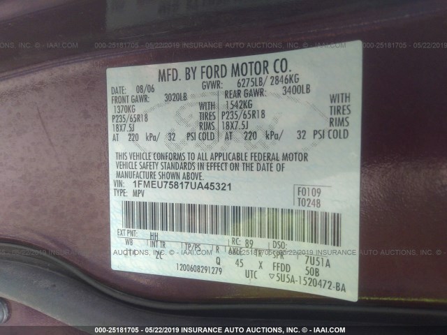 1FMEU75817UA45321 - 2007 FORD EXPLORER LIMITED MAROON photo 9