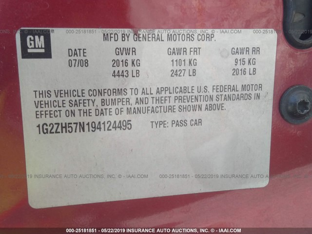 1G2ZH57N194124495 - 2009 PONTIAC G6 GT MAROON photo 9