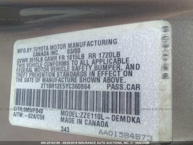 2T1BR12E5YC360864 - 2000 TOYOTA COROLLA VE/CE/LE 金色 照片 9