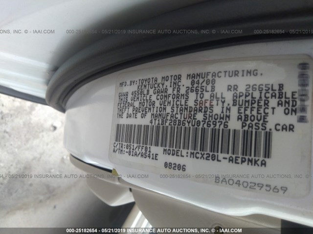 4T1BF28B6YU076976 - 2000 TOYOTA AVALON XL/XLS WHITE photo 9