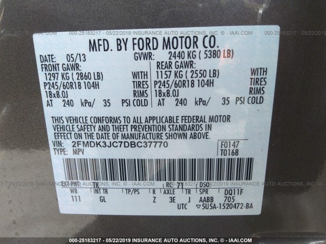 2FMDK3JC7DBC37770 - 2013 FORD EDGE SEL GRAY photo 9