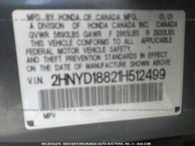 2HNYD18821H512499 - 2001 ACURA MDX TOURING BLUE photo 9