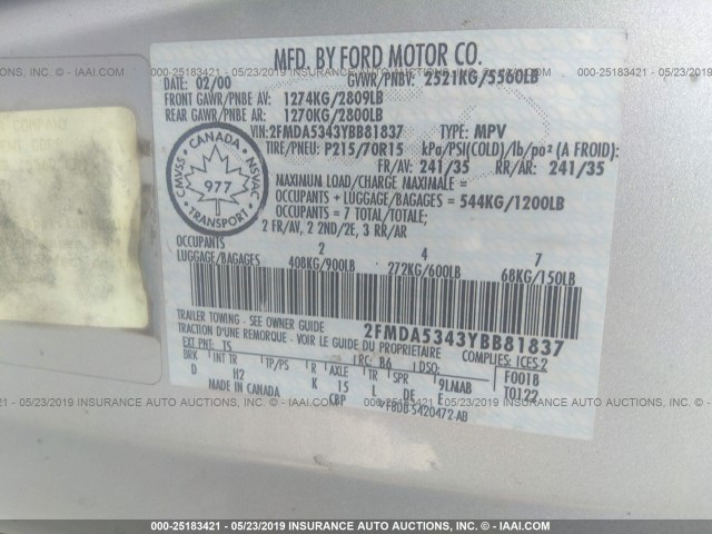 2FMDA5343YBB81837 - 2000 FORD WINDSTAR SEL SILVER photo 9