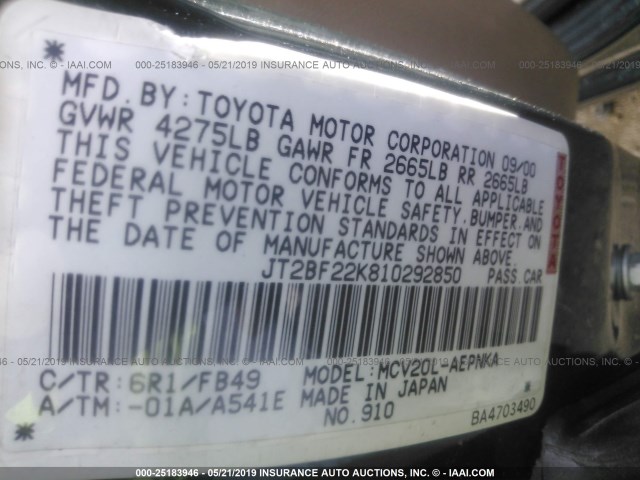 JT2BF22K810292850 - 2001 TOYOTA CAMRY CE/LE/XLE GREEN photo 9