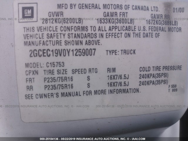 2GCEC19V0Y1259007 - 2000 CHEVROLET SILVERADO C1500 WHITE photo 9