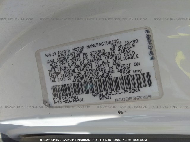 4T3ZF13C9YU236381 - 2000 TOYOTA SIENNA LE/XLE WHITE photo 9