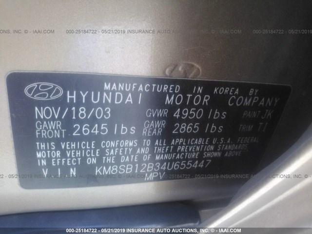 KM8SB12B34U655447 - 2004 HYUNDAI SANTA FE GL GOLD photo 9