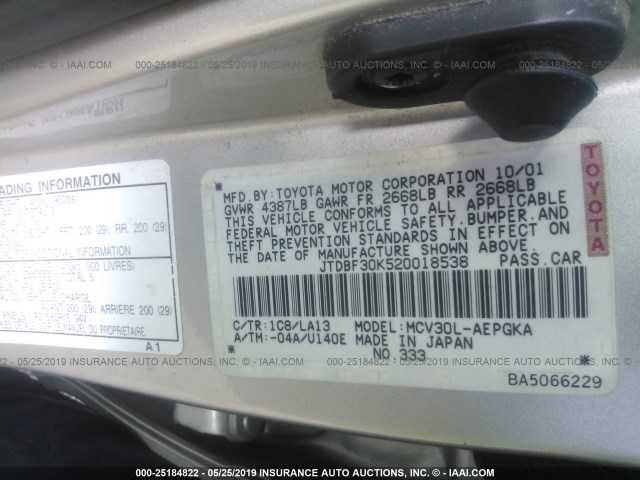 JTDBF30K520018538 - 2002 TOYOTA CAMRY LE/XLE/SE SILVER photo 9