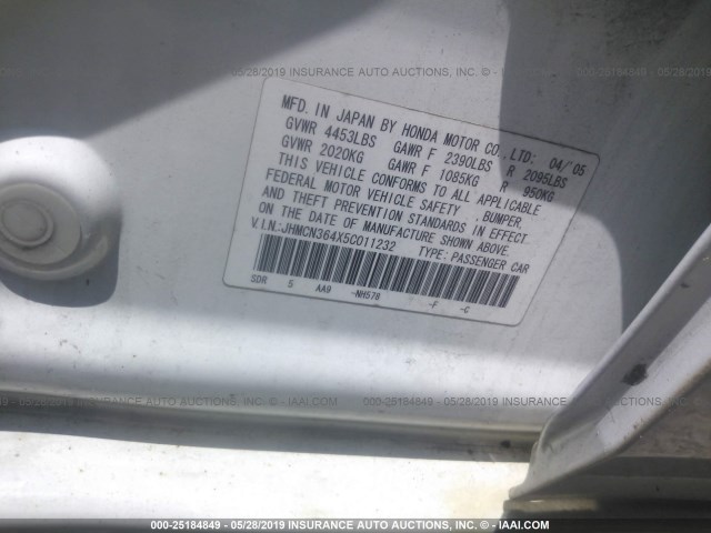 JHMCN364X5C011232 - 2005 HONDA ACCORD HYBRID WHITE photo 9